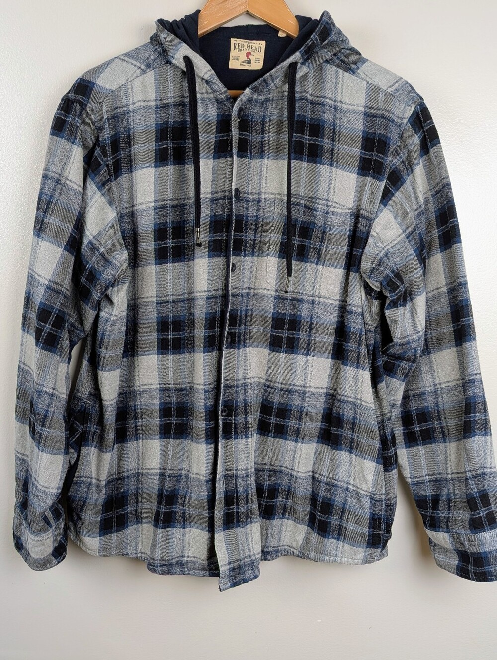 Red Head Men's Blue Plaid Flannel Hooded Button Shirt Jacket Large Field Tested